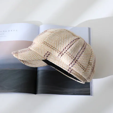 Autumn and Winter Women's Plaid Vintage Style Duck Tongue Hat Octagon Painter's Hat