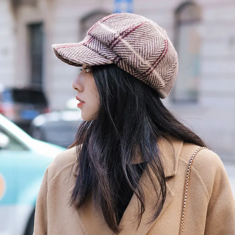 Autumn and Winter Women's Plaid Vintage Style Duck Tongue Hat Octagon Painter's Hat