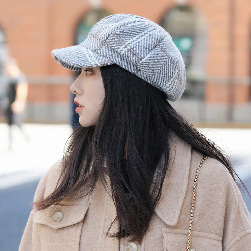 Autumn and Winter Women's Plaid Vintage Style Duck Tongue Hat Octagon Painter's Hat