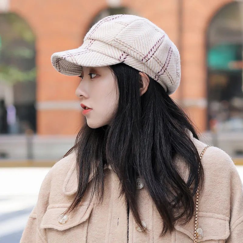Autumn and Winter Women's Plaid Vintage Style Duck Tongue Hat Octagon Painter's Hat
