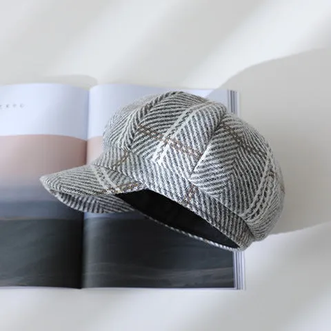 Autumn and Winter Women's Plaid Vintage Style Duck Tongue Hat Octagon Painter's Hat