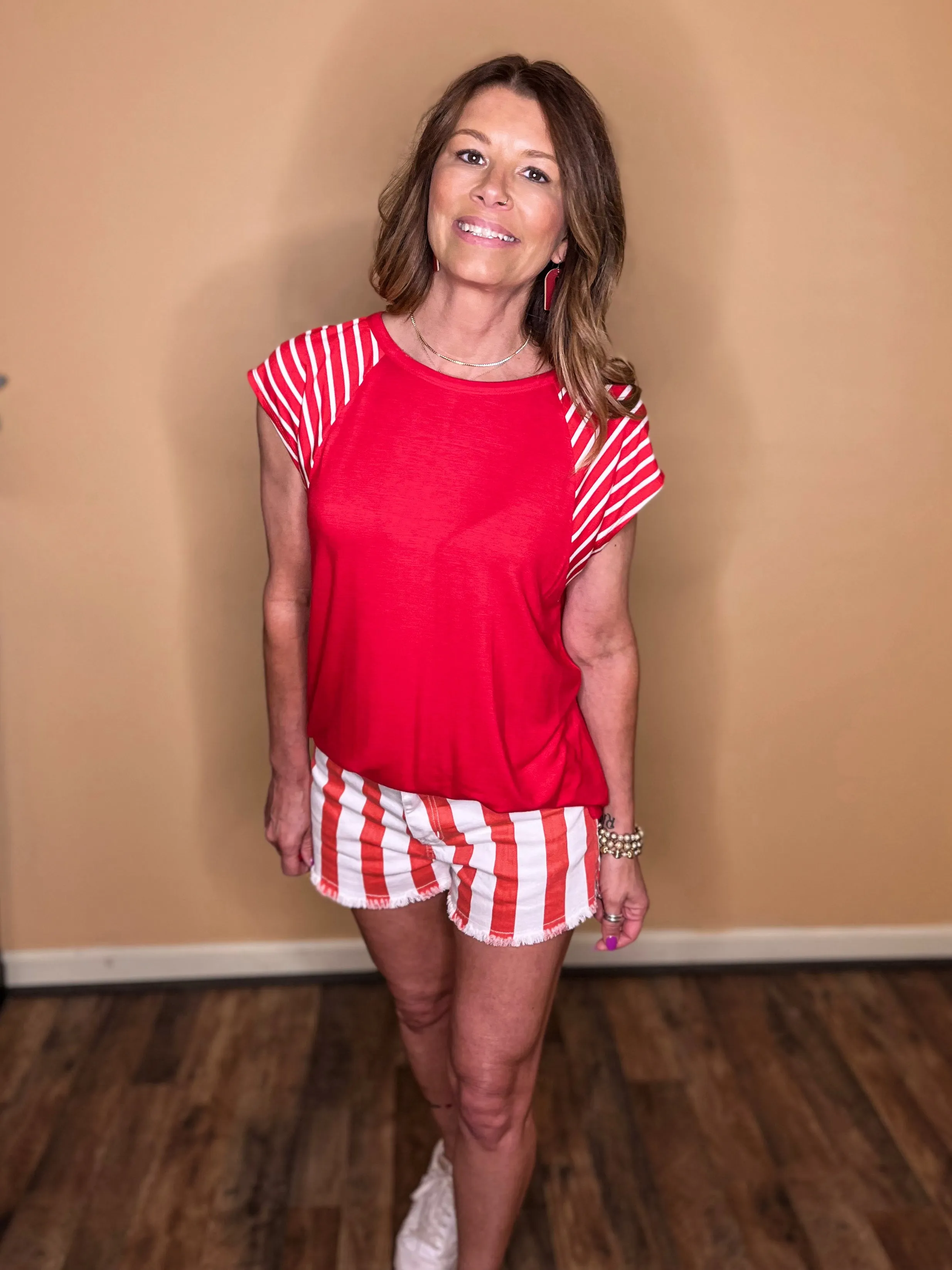 Be Bold Striped Denim Shorts - Red