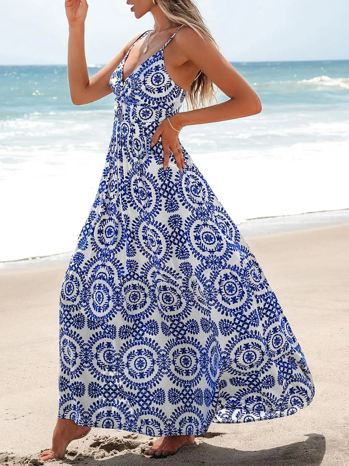 CUPSHE Women's Maxi Dress Floral Print Twisted V Neck Sleeveless Long Dress Summer Casual Dress