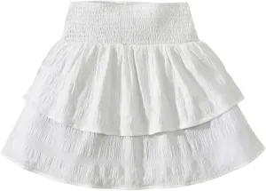 Girl's Tiered Layer Shirred Boho Smocked Skirts Casual Cute High Waisted Pleated Ruffle Flowy Elastic Skirts