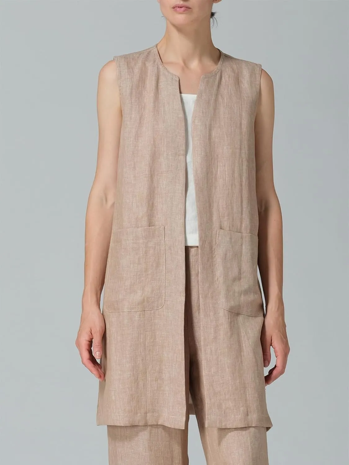 IDEALSANXUN Long Linen Vest for Women Summer Lightweight Sleeveless Blazer Jacket Trench Coat Open Front Cardigan Waistcoat