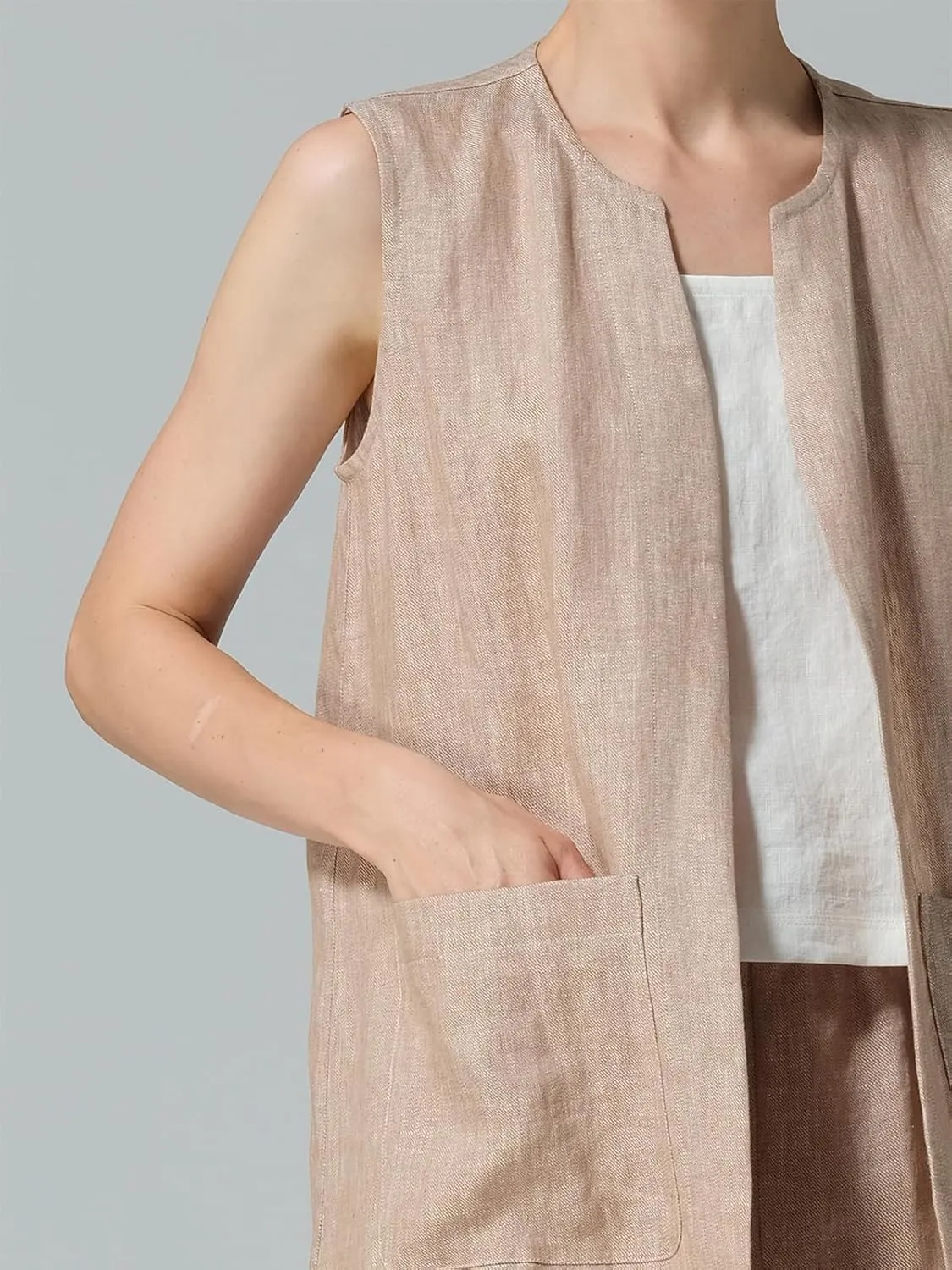 IDEALSANXUN Long Linen Vest for Women Summer Lightweight Sleeveless Blazer Jacket Trench Coat Open Front Cardigan Waistcoat