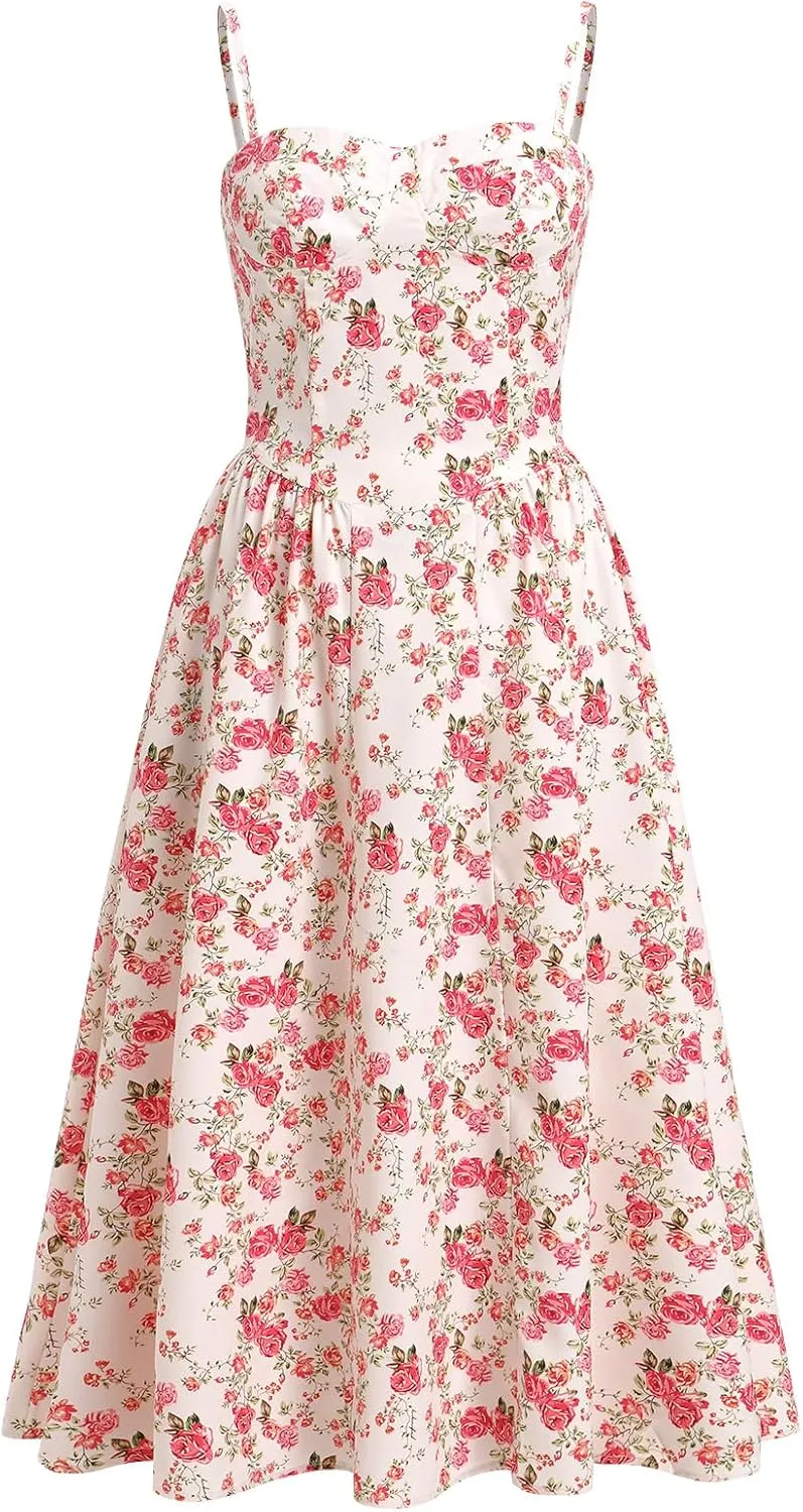 OBEEII Women Corset Dress Floral Bustier Midi Dress Flowy Spaghetti Straps Low Cut Summer Sun Dress