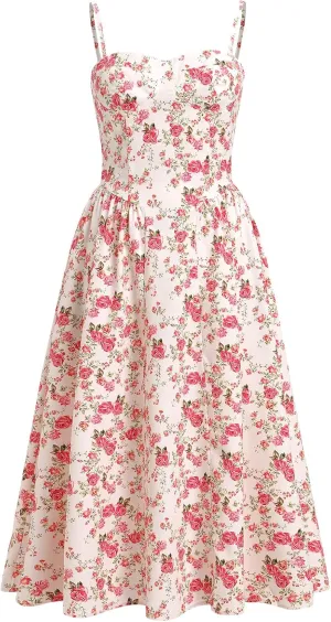 OBEEII Women Corset Dress Floral Bustier Midi Dress Flowy Spaghetti Straps Low Cut Summer Sun Dress
