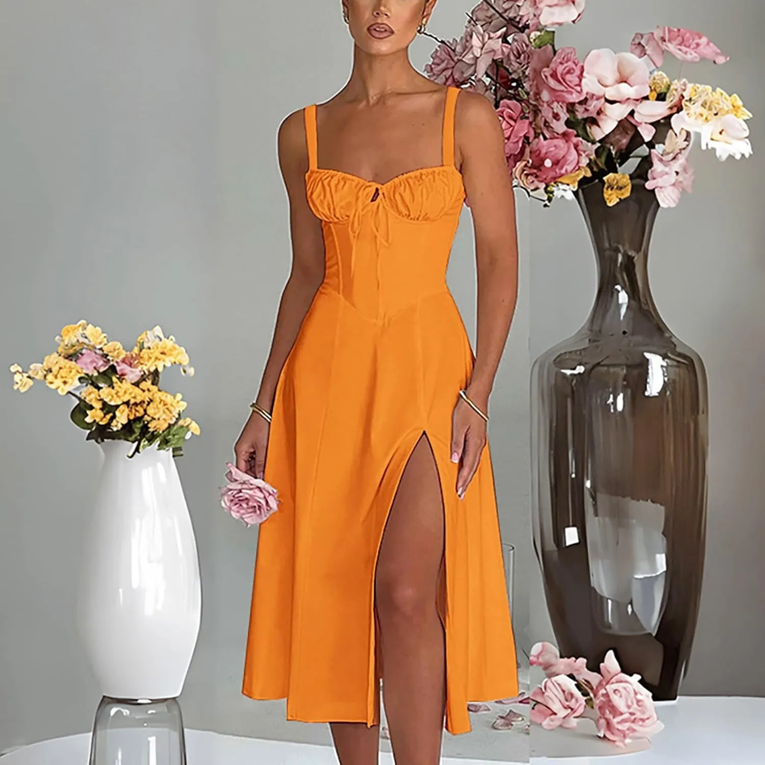 PTOLOCIF Sexy Sundresses for Women 2025 Summer Spaghetti Strap Dress Sleeveless Low Cut Bust Dress Beach Party Maxi Dresses