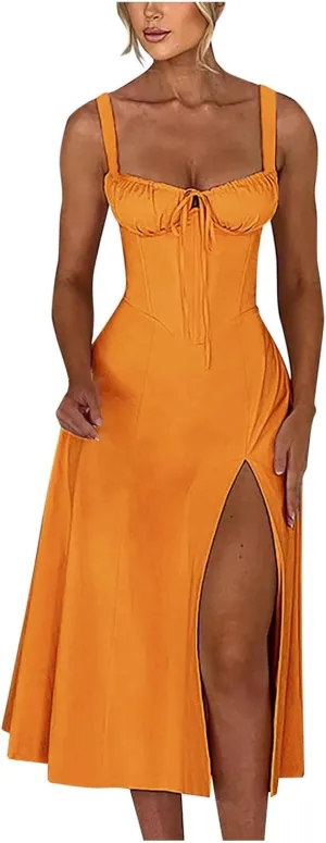 PTOLOCIF Sexy Sundresses for Women 2025 Summer Spaghetti Strap Dress Sleeveless Low Cut Bust Dress Beach Party Maxi Dresses
