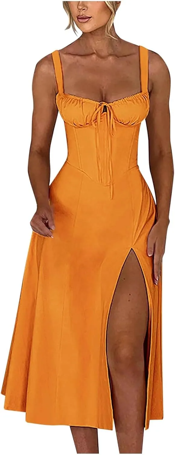 PTOLOCIF Sexy Sundresses for Women 2025 Summer Spaghetti Strap Dress Sleeveless Low Cut Bust Dress Beach Party Maxi Dresses