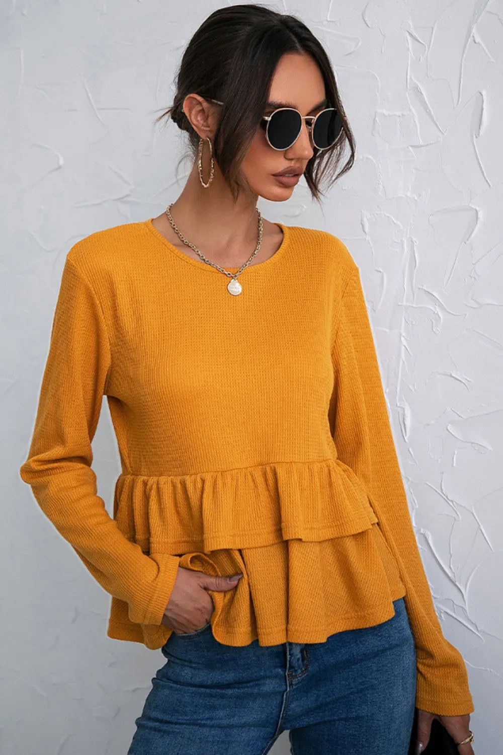 Solid Color Double Layer Pleated T-Shirt
