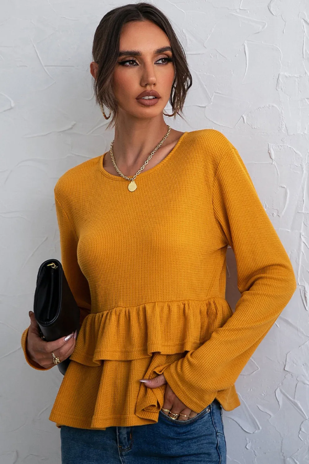 Solid Color Double Layer Pleated T-Shirt