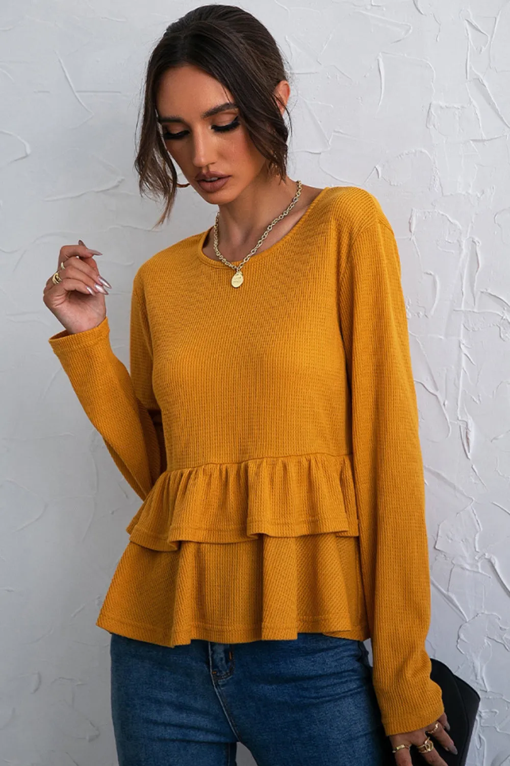 Solid Color Double Layer Pleated T-Shirt
