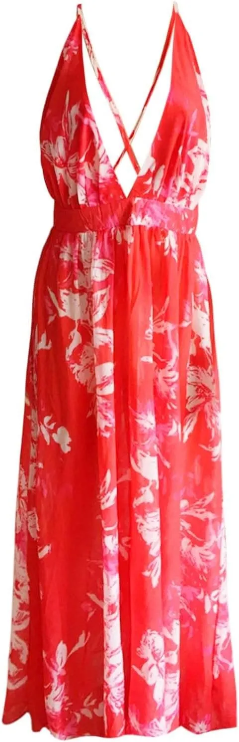Women Rainbow Summer Dress Deep V Neck Sundress Backless Sexy Spaghetti Strap Stripe Chiffon Party Club Long Maxi Dress