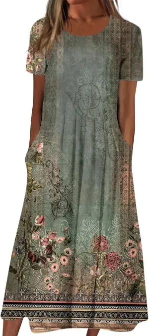 Womens Summer A-Line Dress Mini Short Sleeve Dresses Flowy Beach Swing Dress 2025 Vacation Travel with Pockets
